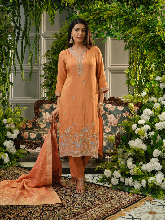 Embroidered Straight Kurta With Trouser & Dupatta