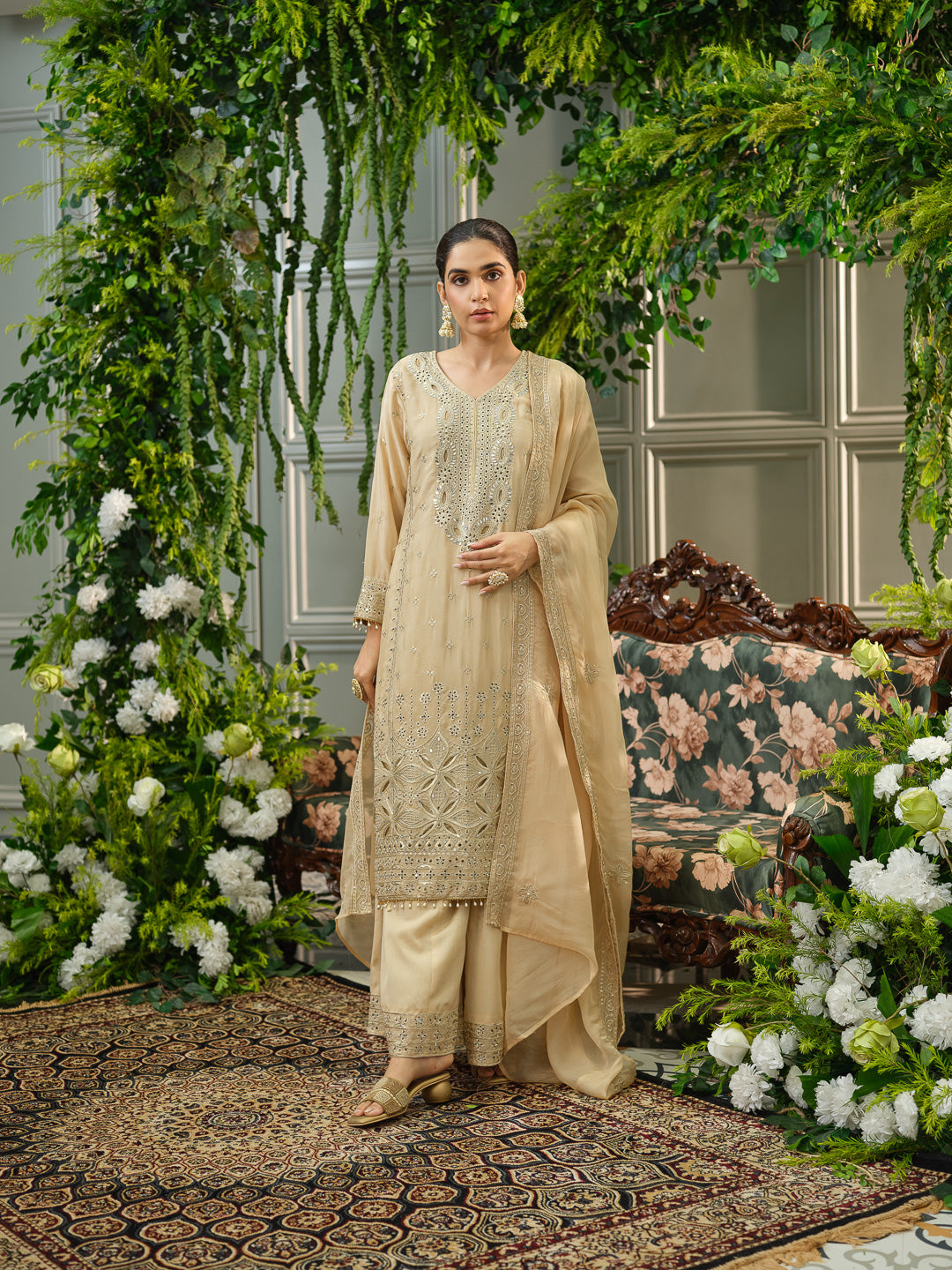 Embroidered Mirror and Cut Work Pakistani Kurta with Trouser and Dupatta Set