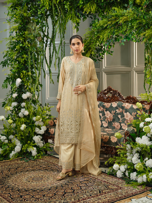 Embroidered Mirror and Cut Work Pakistani Kurta with Trouser and Dupatta Set
