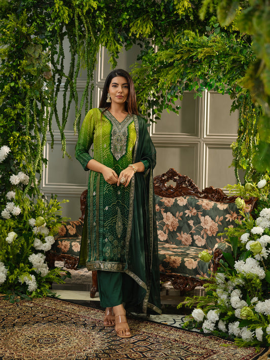 Bandhani Printed V-Neck Straight Kurta With Trouser & Dupatta
