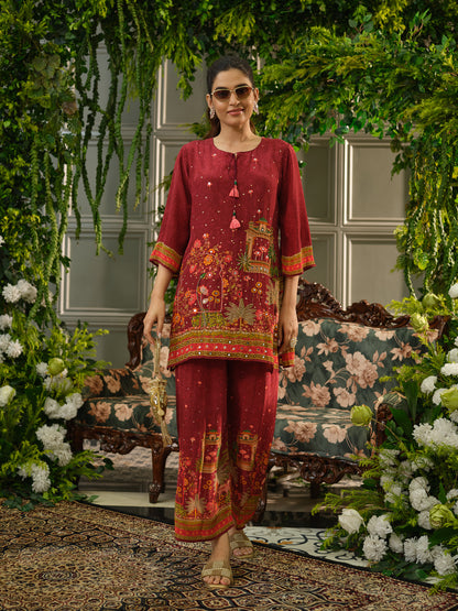 Maroon Digital Print Co-ord Set with Heavy Handwork