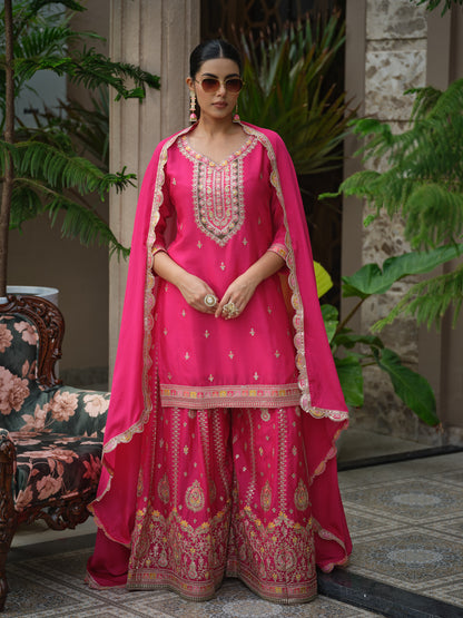 Women Ethnic Motifs Embroidered Kurta with Sharara & Dupatta