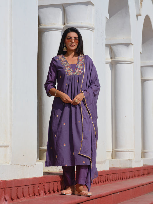 Printed V-Neck Kurta & Trousers With Dupatta