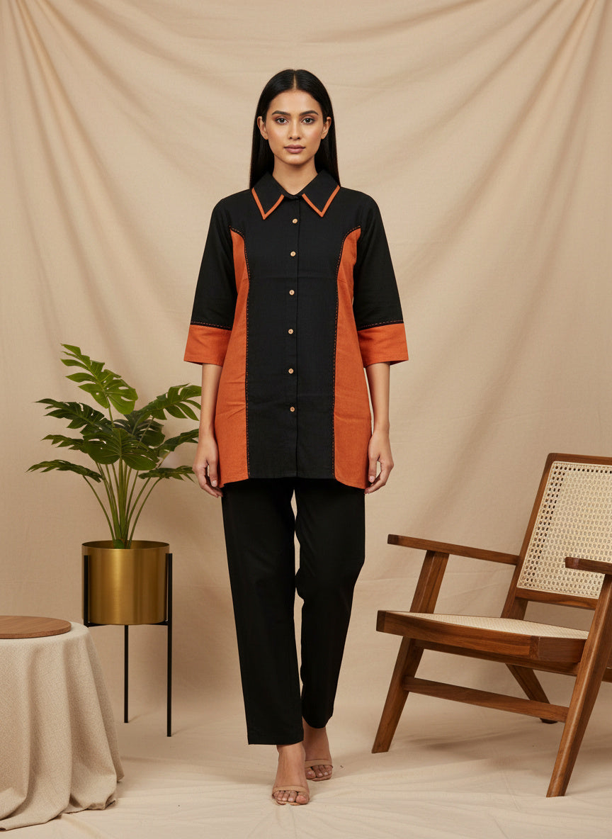 Colorblock Cotton Shirt Co-Ord Set with Contrast Collar & Panel Detailing
