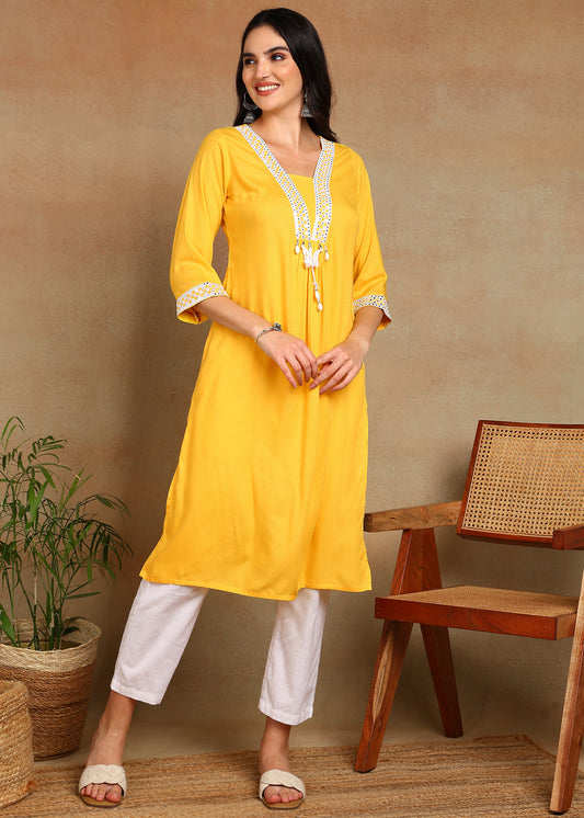 Yellow Rayon Slub Kurti with White Embroidered Lace Detailing