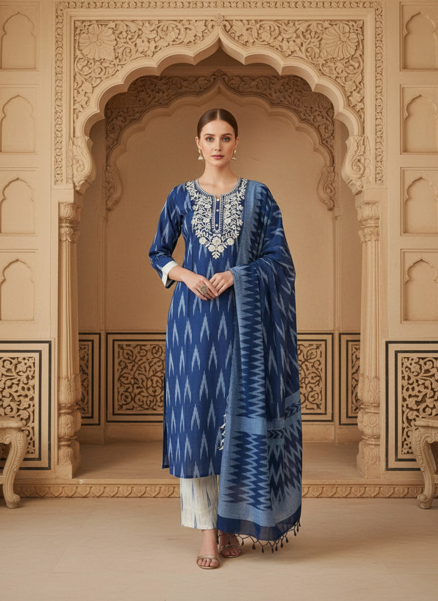 Embroidered Round Neck Straight Kurta & Trousers With Dupatta