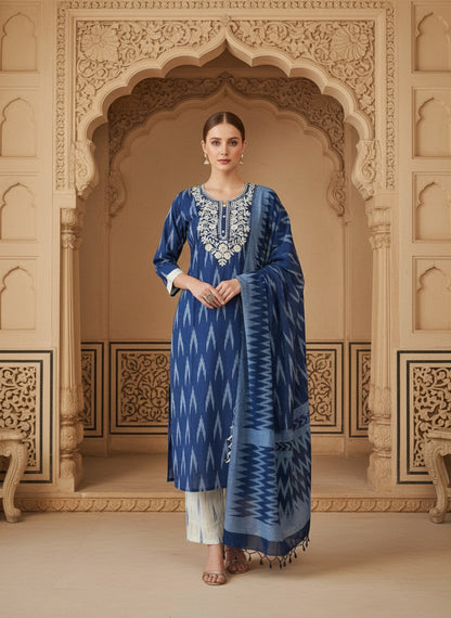 Embroidered Round Neck Straight Kurta & Trousers With Dupatta