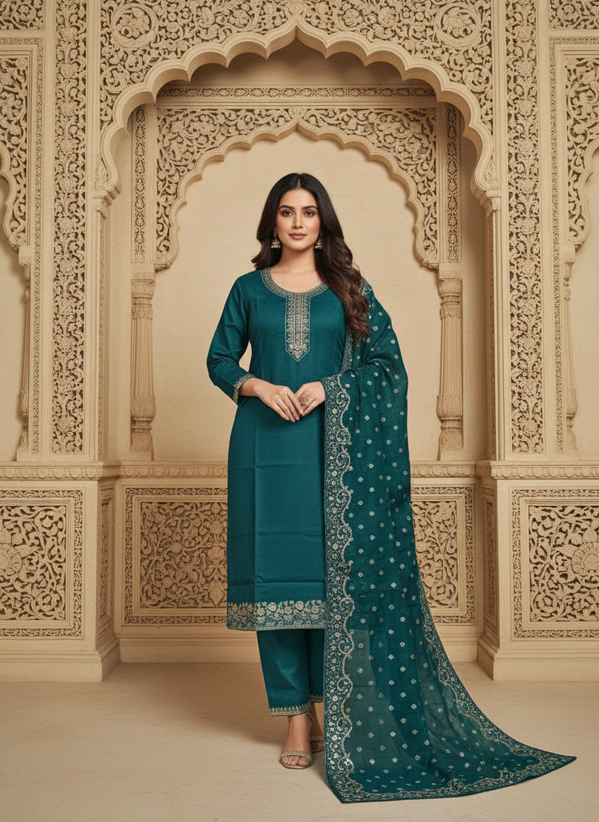 Embroidered Cotton Round Neck Straight Kurta & Trousers With Dupatta