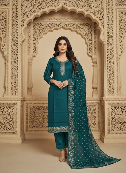 Embroidered Cotton Round Neck Straight Kurta & Trousers With Dupatta