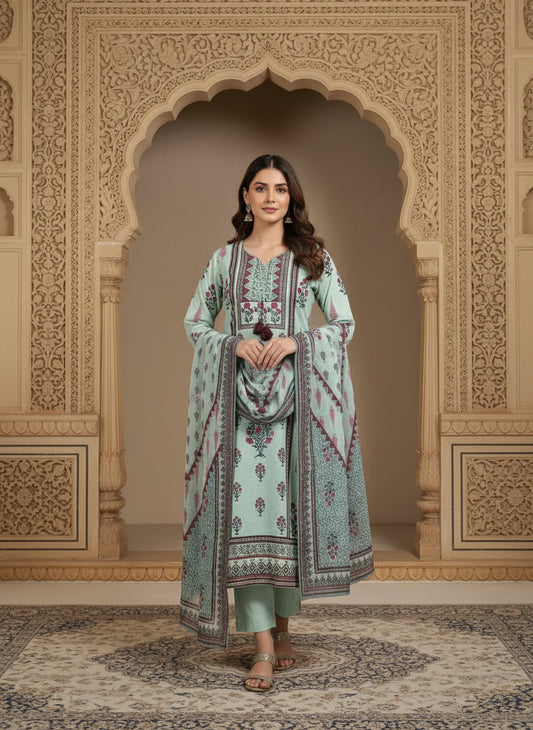 Printed Cotton Tie-Up Neck Straight Kurta & Trousers With Dupatta