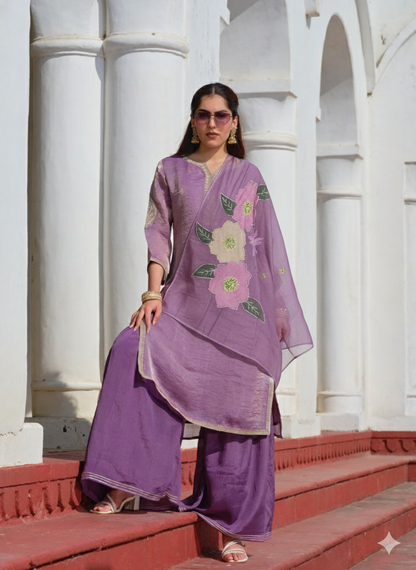 Lavender Art Silk Embroidered Kurta Set with Tabby Organza Dupatta