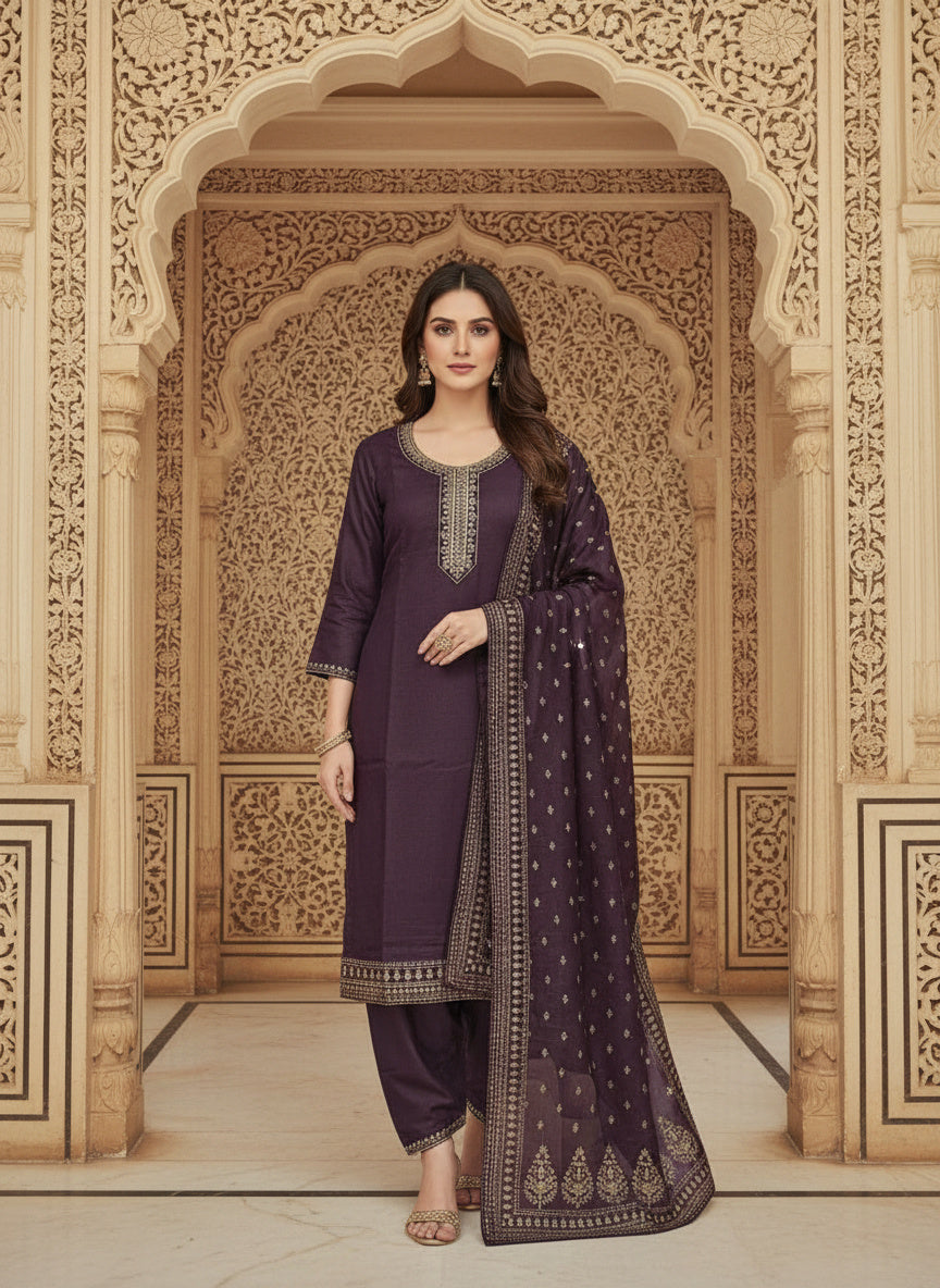 Embroidered Cotton Round Neck Straight Kurta & Trousers With Dupatta