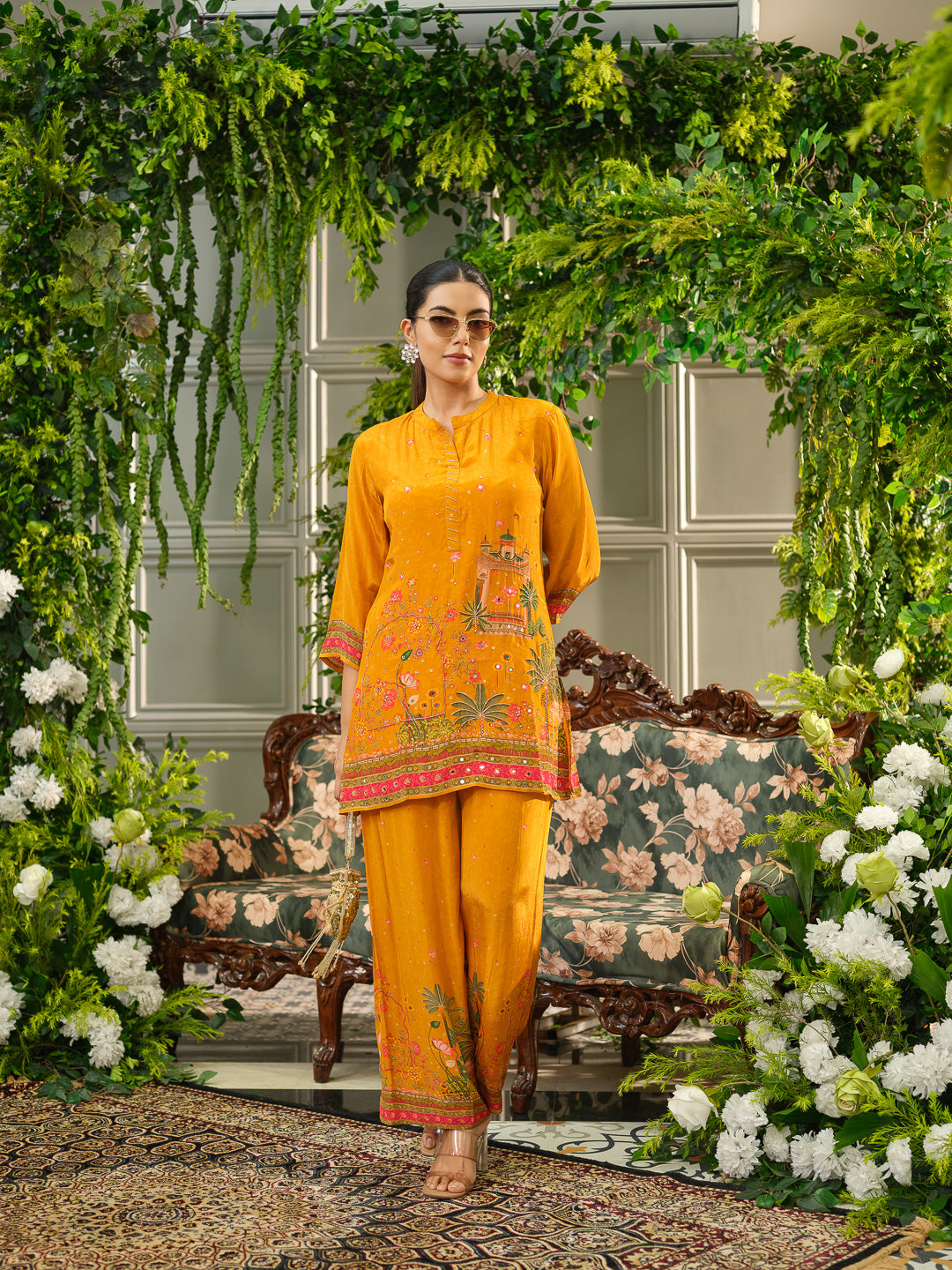 Orange Digital Print Co-ord Set with Handwork