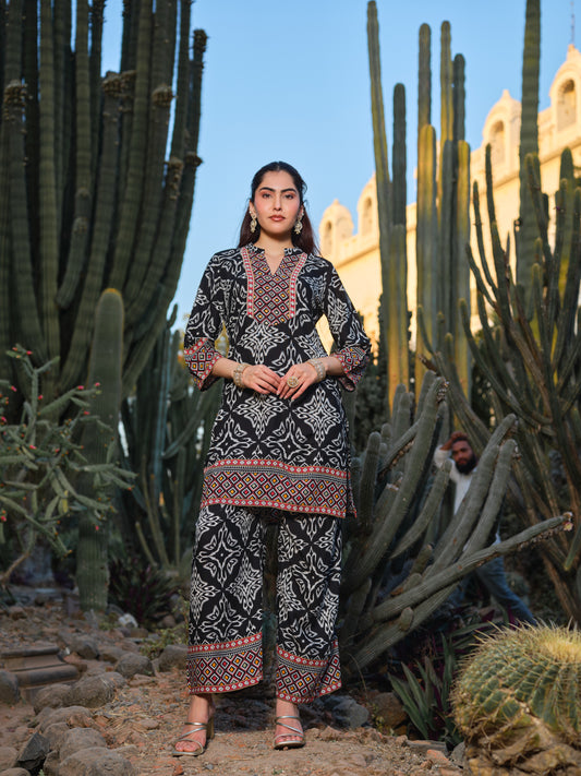 Printed Mandarin Collar Top & Palazzos Co-Ords