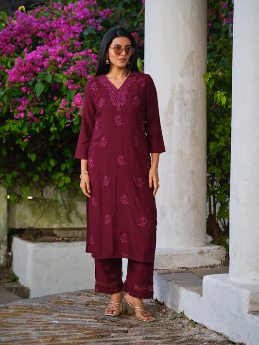 Viscose Embroidered V-Neck Kurta & Trousers Sets