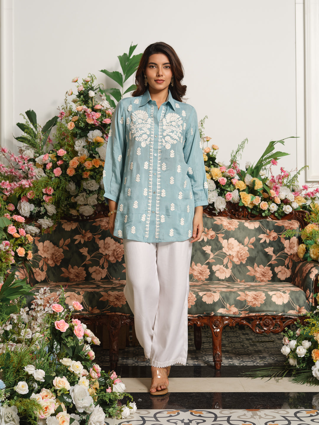 Embroidered Shirt Collar Kurta with Three-Quarter Sleeves