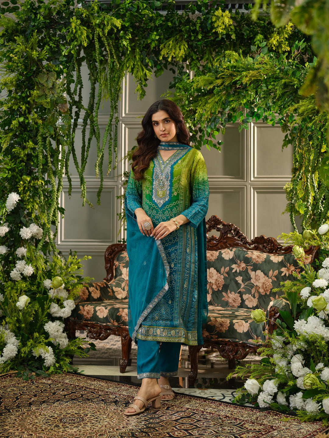 Teal Digital Print Kurta Set with Heavy Handwork