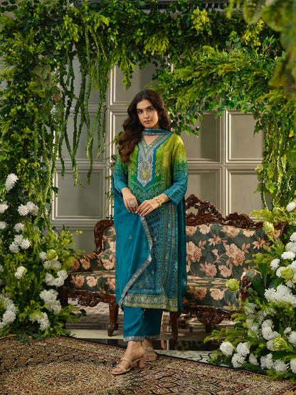 Teal Digital Print Kurta Set with Heavy Handwork
