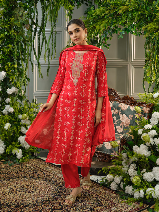 Red Embroidered Kurta Set with Matching Pants & Dupatta