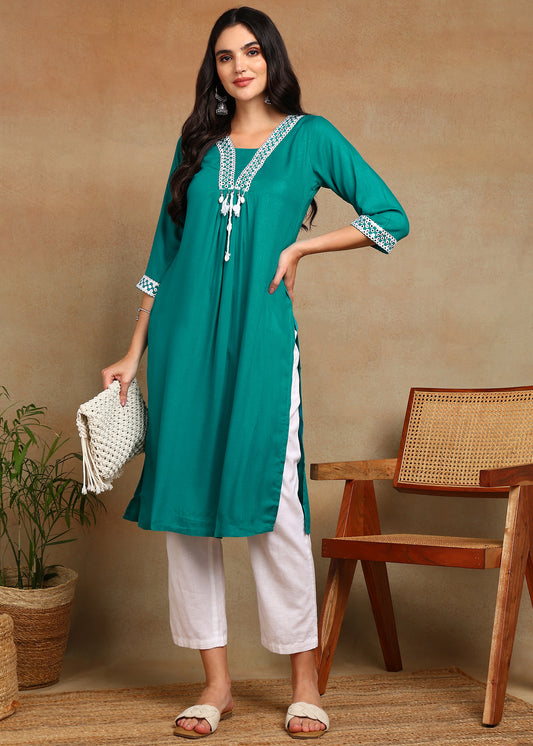 Teal Rayon Slub Kurti with White Embroidered Lace Detailing