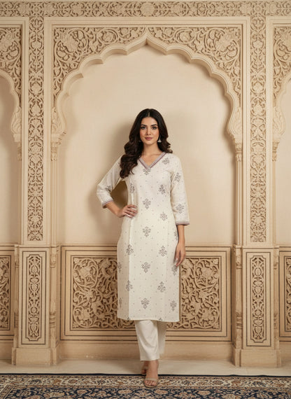 Printed Cotton V-Neck Calf Length Straight Kurta