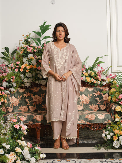 Beige & Pink Embroidered A-Line Kurta Set with Palazzos & Dupatta