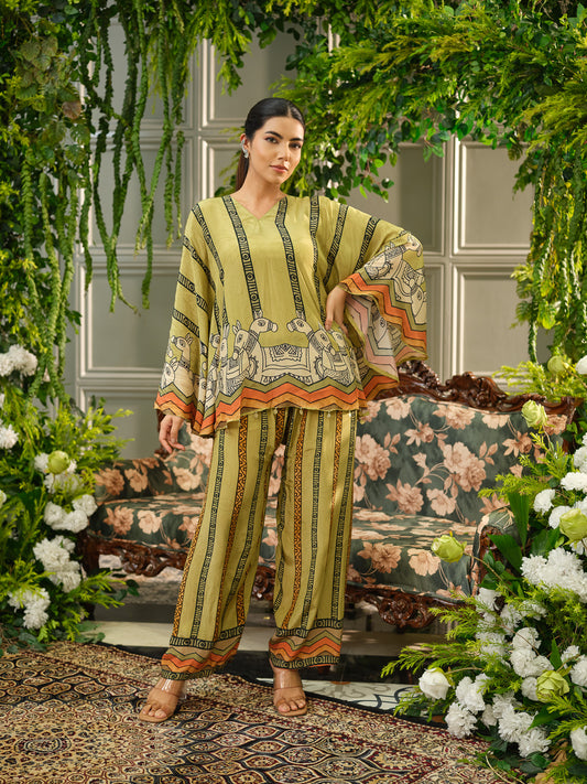 Olive Green Ethnic Printed Natural Crepe Silk Co-Ord Set with Poncho Top