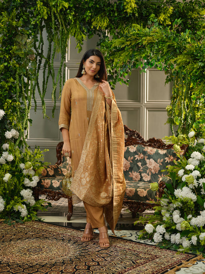 Mustard Viscose Tissue Kurta Set with Jacquard Dupatta & Hand Embroidery