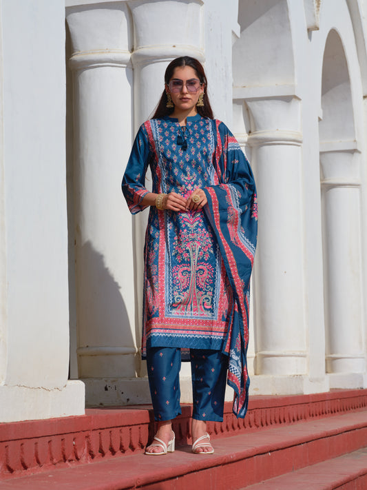 Printed Mandarin Collar Kurta & Trousers With Dupatta