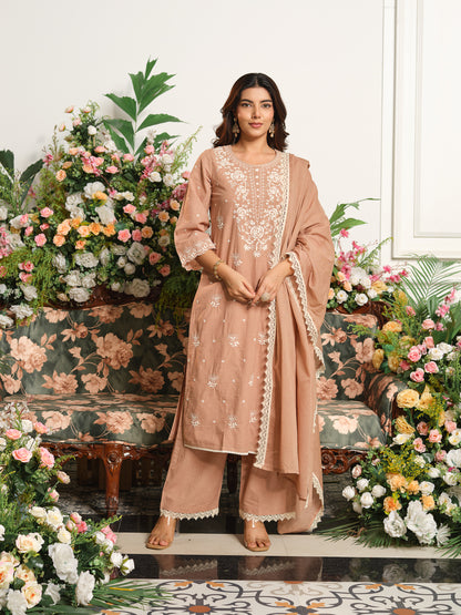 Printed Pure Cotton Kurta Set with Palazzo and Dupatta Straight Fit Long Kurta Calf Length Round Neck Slip On Casual Ethnic Wear