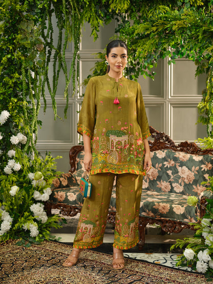 Olive Green Digital Print Co-ord Set with Handwork