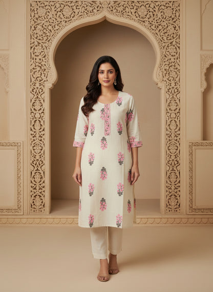 Printed Cotton V-Neck Calf Length Straight Kurta