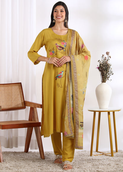 Women Mustard Rayon Embroidered Kurta Set with Digital Print Muslin Dupatta