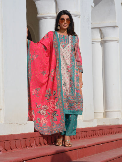 Printed Round Neck Kurta & Trousers With Dupatta