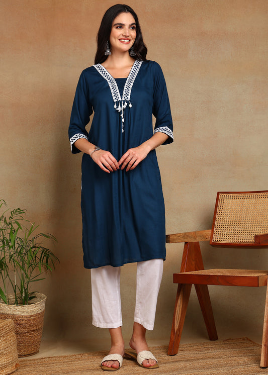 Navy-Blue Rayon Slub Kurti with White Embroidered Lace Detailing