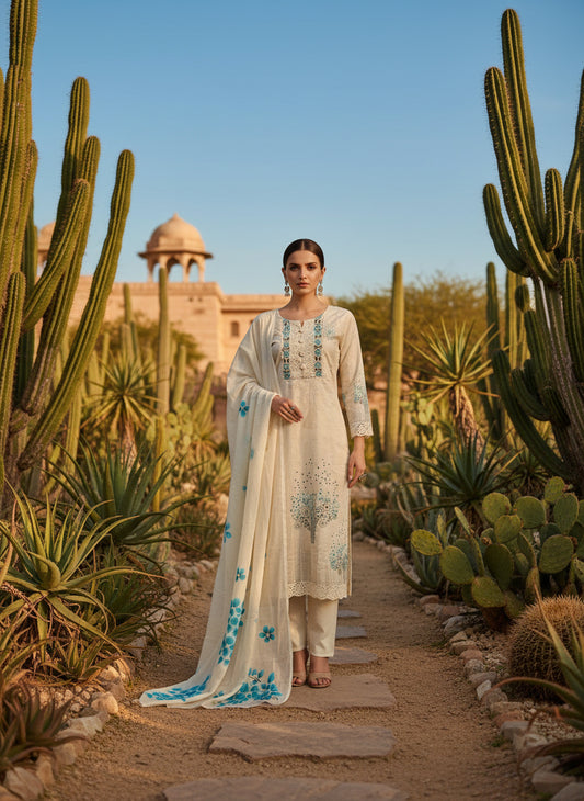 Embroidered Round Neck Kurta & Trousers with Duppatta