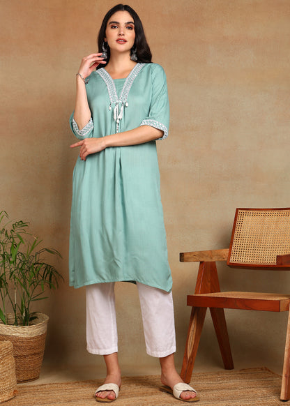 Sky-BlueRayon Slub Kurti with White Embroidered Lace Detailing