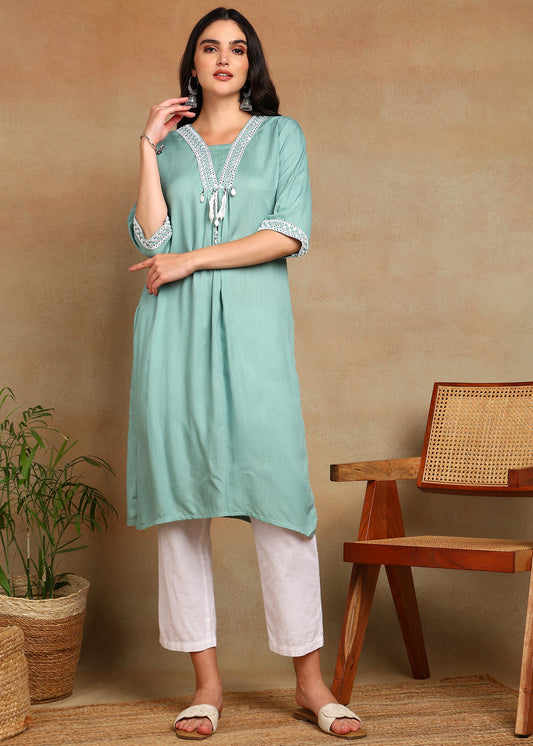 Sky-BlueRayon Slub Kurti with White Embroidered Lace Detailing