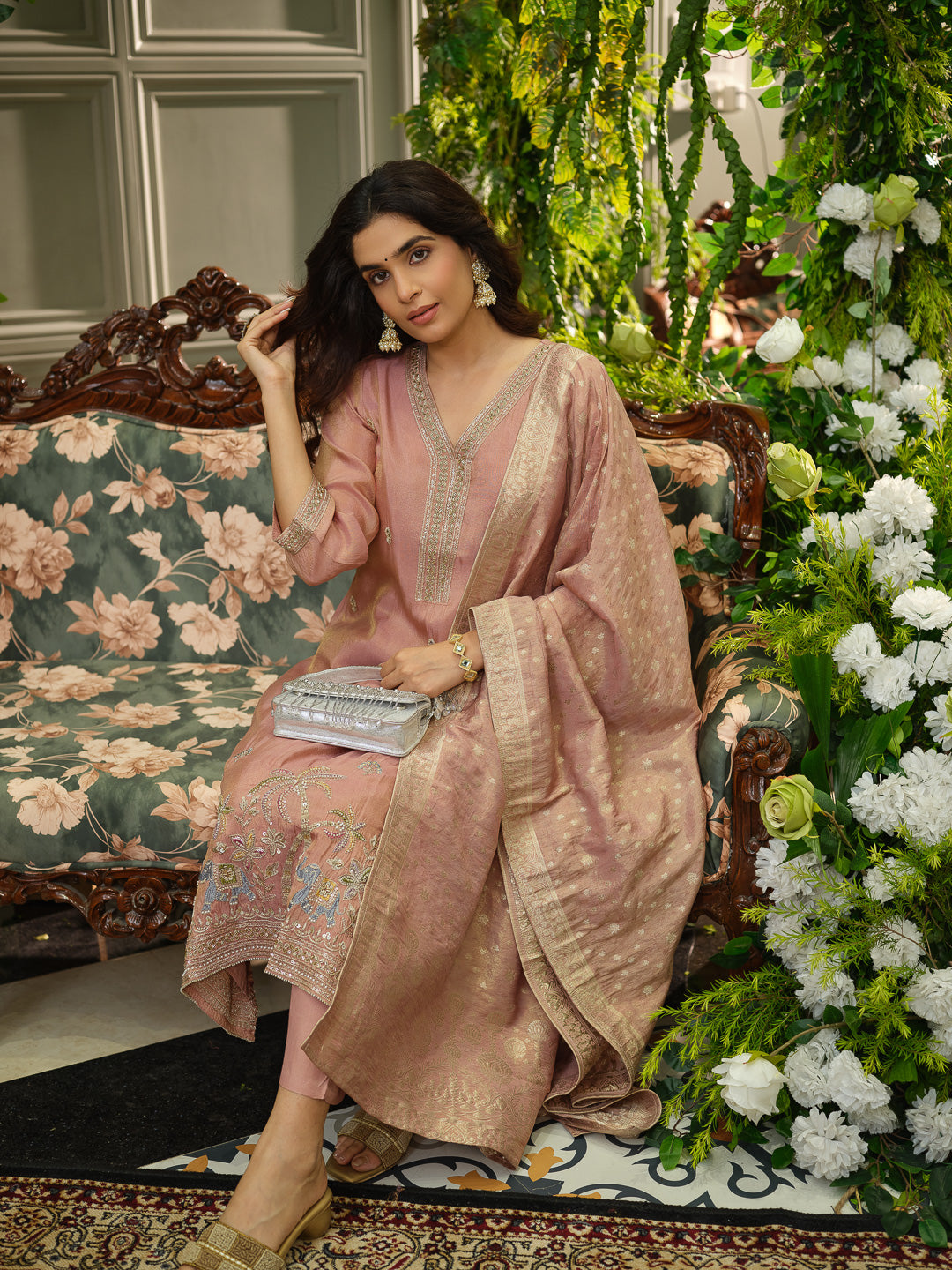 Peach Viscose Tissue Kurta Set with Jacquard Dupatta & Hand Embroidery