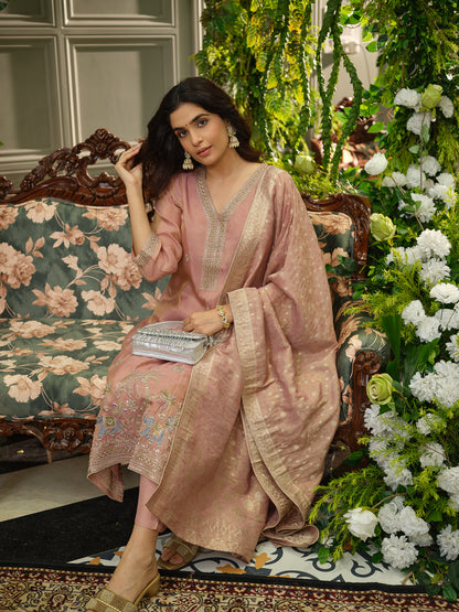 Peach Viscose Tissue Kurta Set with Jacquard Dupatta & Hand Embroidery