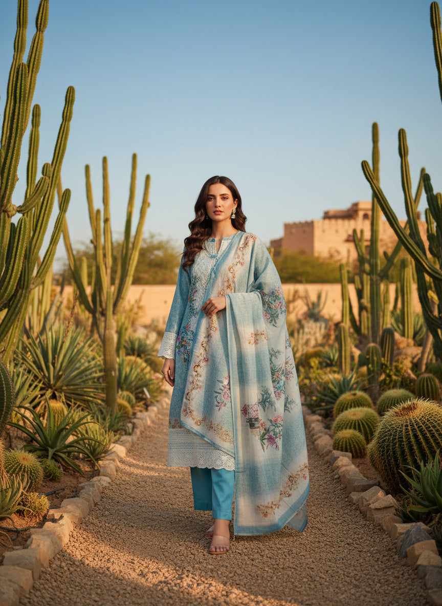 Printed Tissue V-Neck Kurta Trousers & Dupatta