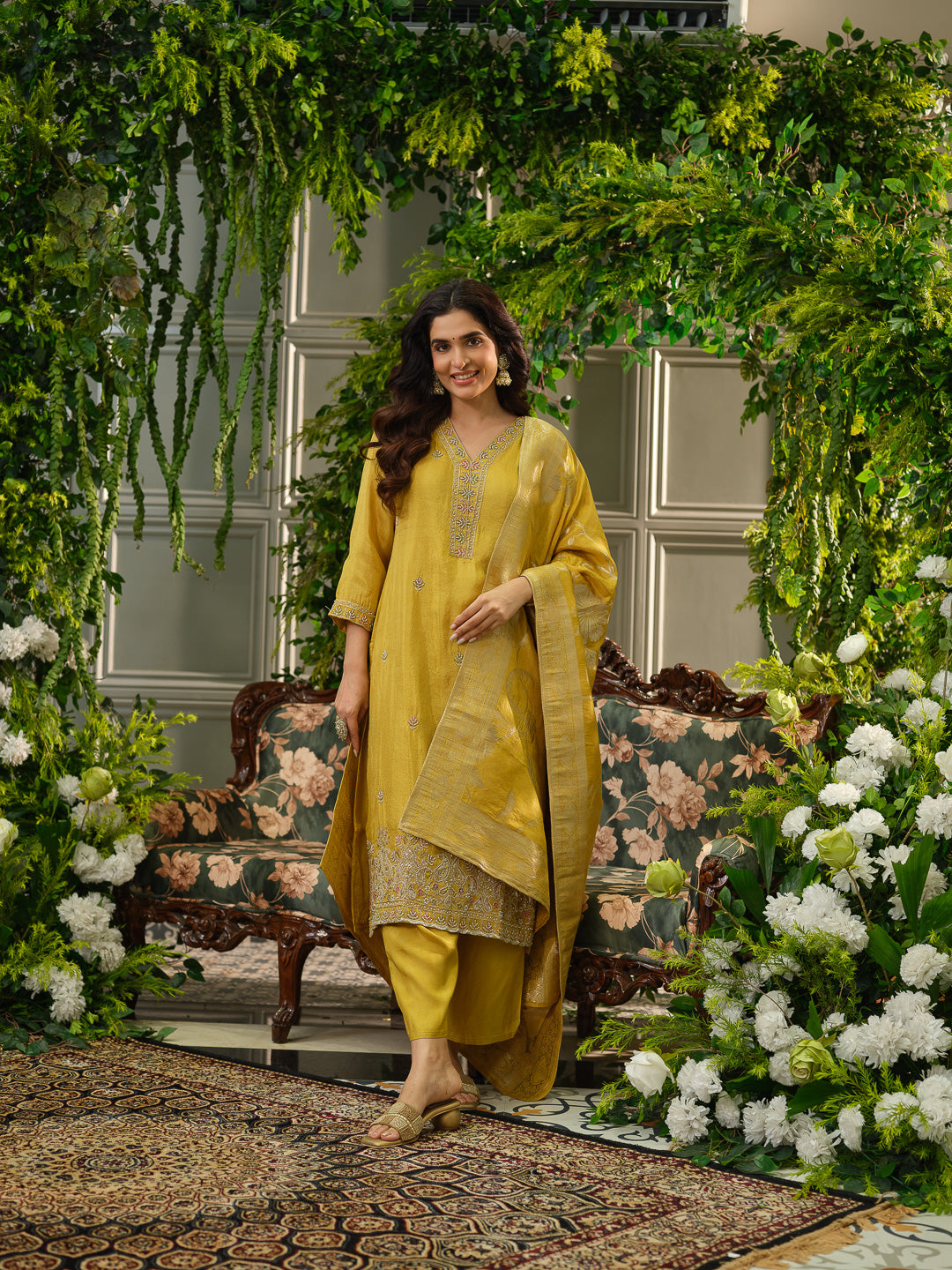 Yellow Viscose Tissue Kurta Set with Jacquard Dupatta