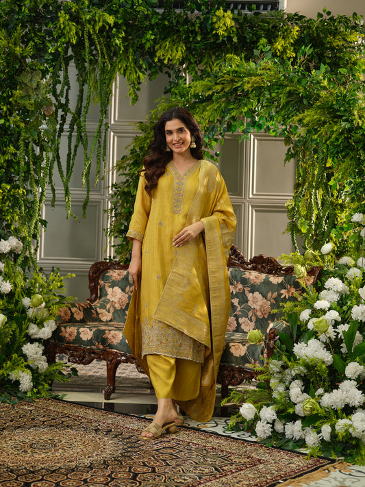 Yellow Viscose Tissue Kurta Set with Jacquard Dupatta
