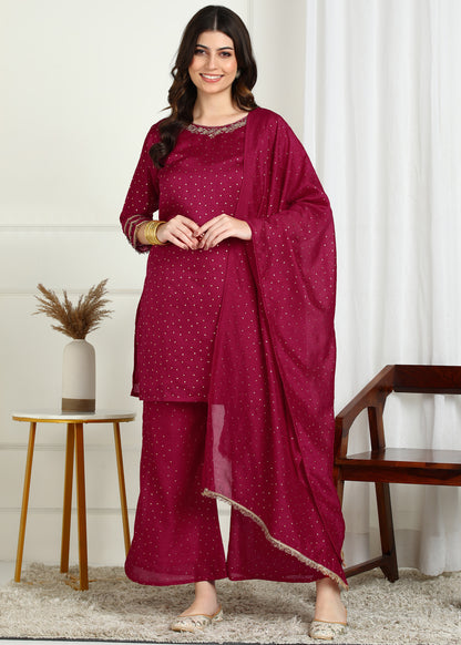 Burgundy Vichitra Foil Print & Embroidered Kurta Set with Lace Detailed Dupatta