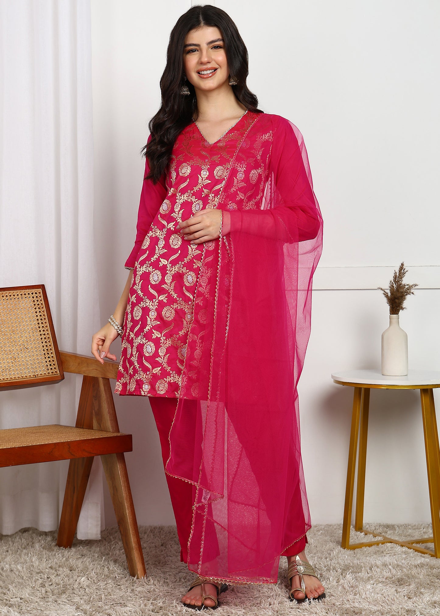 Elegant Pink Embroidered Straight Kurta Set with Dupatta
