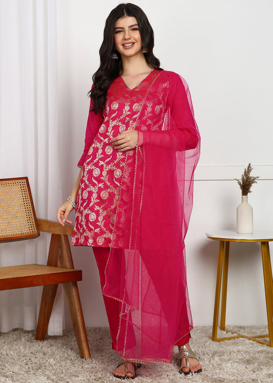 Elegant Pink Embroidered Straight Kurta Set with Dupatta