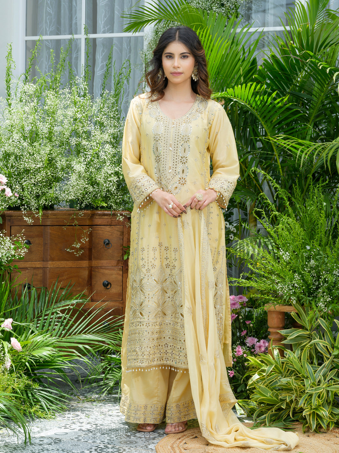Embroidered Mirror and Cut Work Pakistani Kurta with Trouser and Dupatta Set
