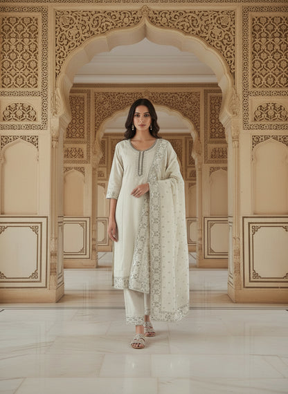 Embroidered Cotton Round Neck Straight Kurta & Trousers With Dupatta
