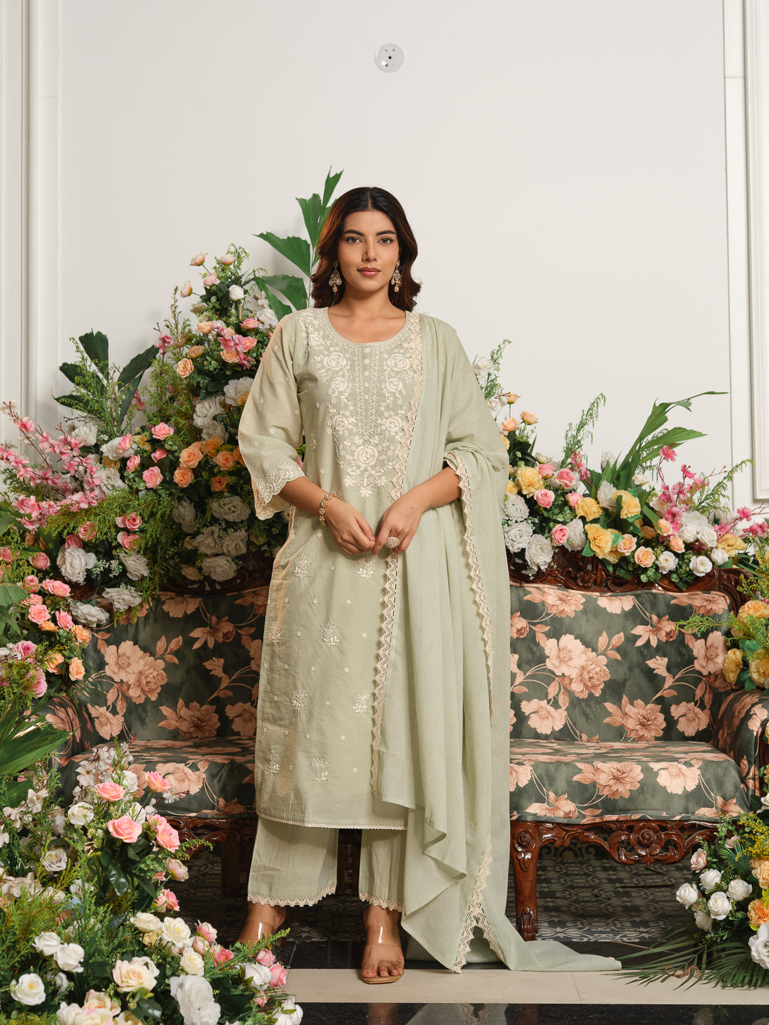 Printed Pure Cotton Kurta Set with Palazzo and Dupatta Straight Fit Long Kurta Calf Length Round Neck Slip On Casual Ethnic Wear