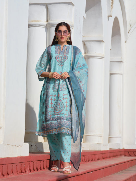 Printed Mandarin Collar Kurta & Trousers With Dupatta